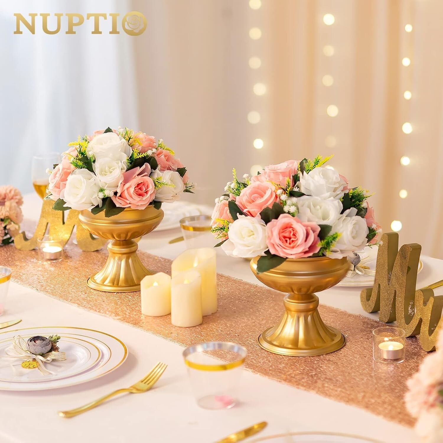 Metallic Gold Centerpiece Vases - 10 Pcs, 6.5in Trumpet Design for Weddings