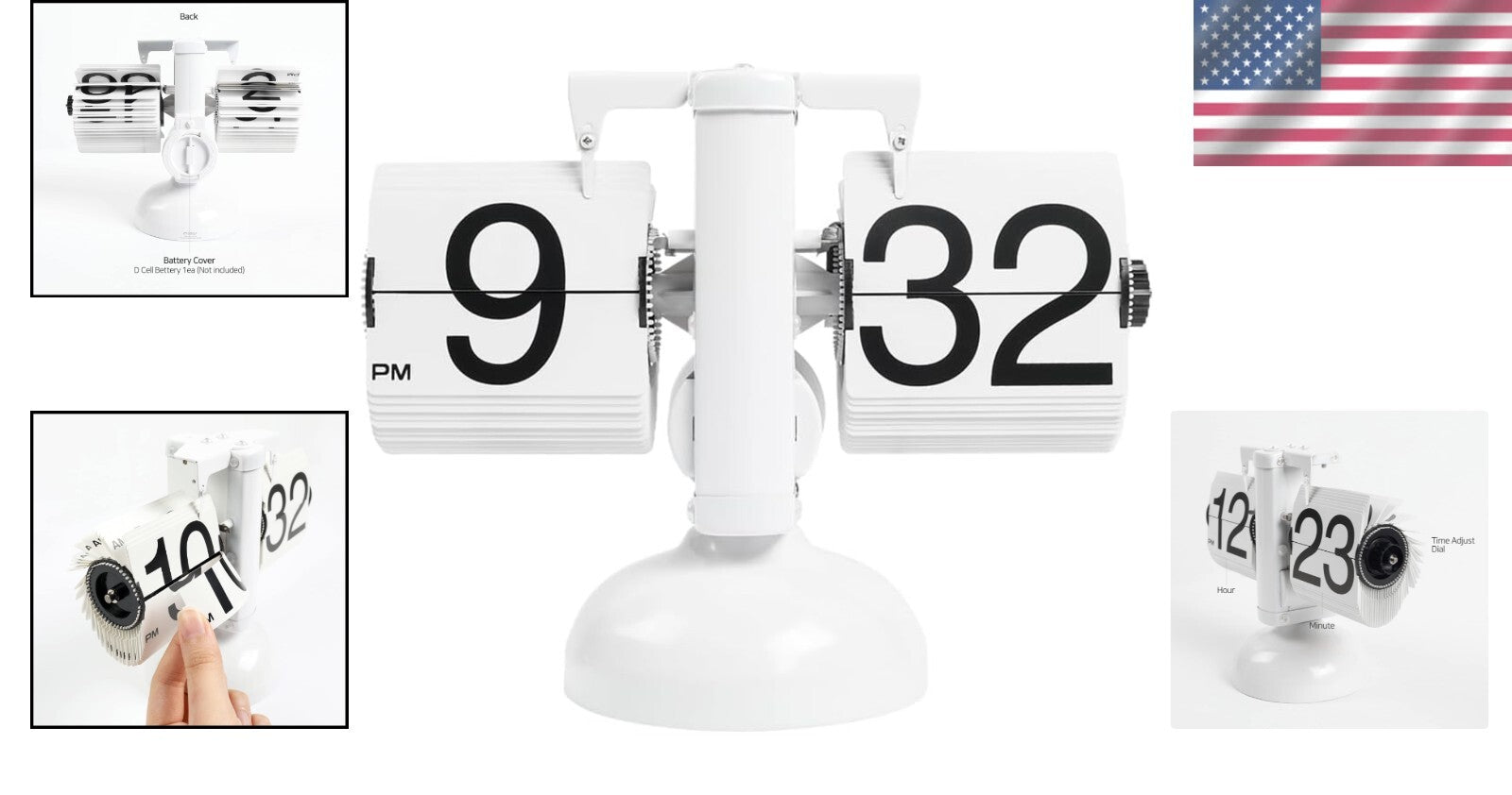 Elegant Flip Desk Clock in White - Battery Powered, Retro Design & AM/PM Display