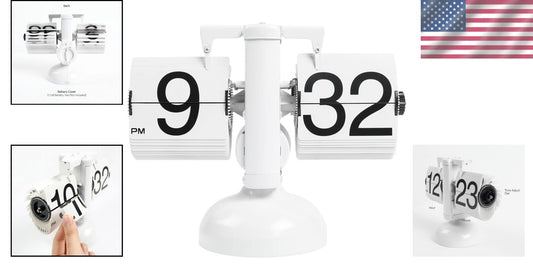 Elegant Flip Desk Clock in White - Battery Powered, Retro Design & AM/PM Display