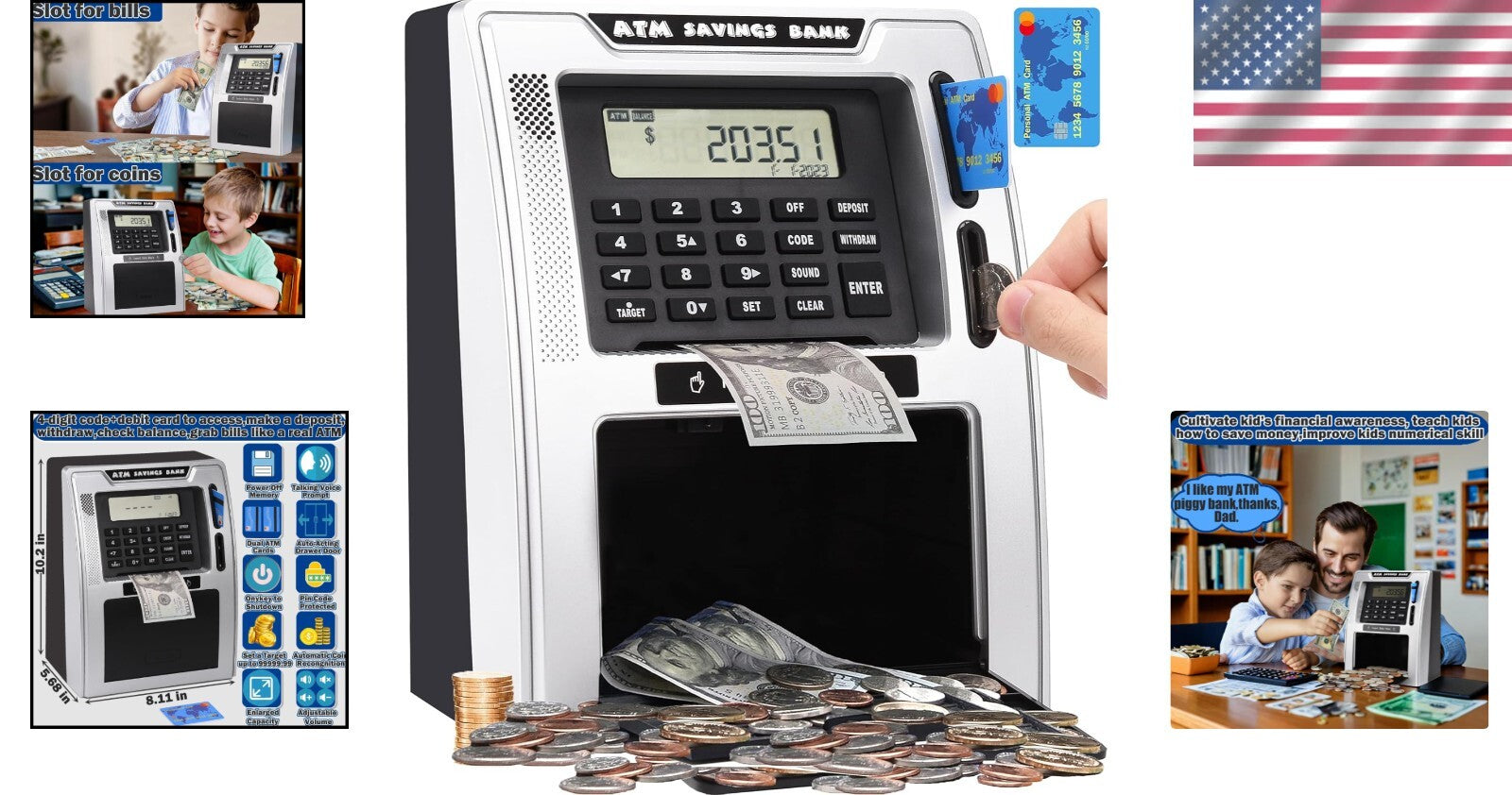 Fun ATM Piggy Bank for Kids - Auto Coin Recognition, 4-Digit PIN & Voice Prompts