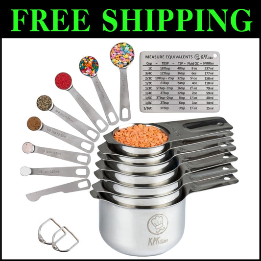 Complete Set of 16 Stainless Steel Measuring Cups & Spoons with Conversion Chart