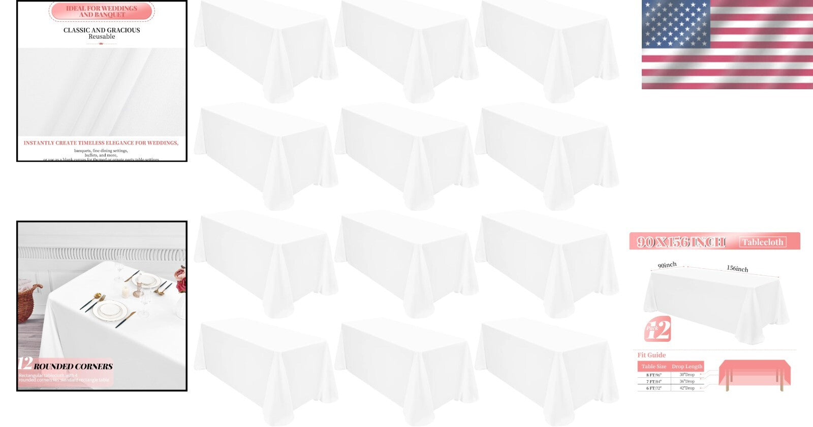 12 Pack Stain Resistant Polyester Table Covers 90x156 Inch for All Occasions