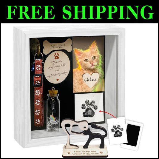 Elegant White Pet Memorial Shadow Box Gift with Collar Holder and Photo Frame