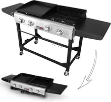 Load image into Gallery viewer, Stylish Black Propane Grill and Griddle Combo with Folding Legs and Side Tables