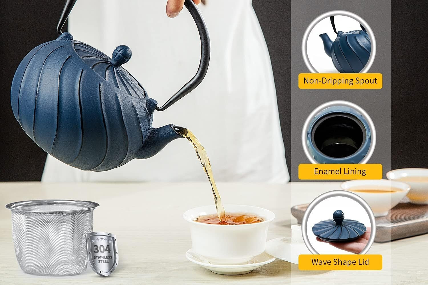 Elegant 40oz Japanese Cast Iron Tea Kettle with Infuser - Wave Pattern Design