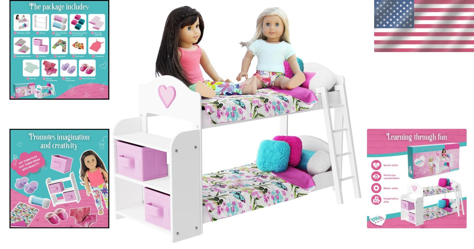 Deluxe 23-Piece Doll Bunk Bed Set for 18-Inch Dolls – Linens & Pajamas Included