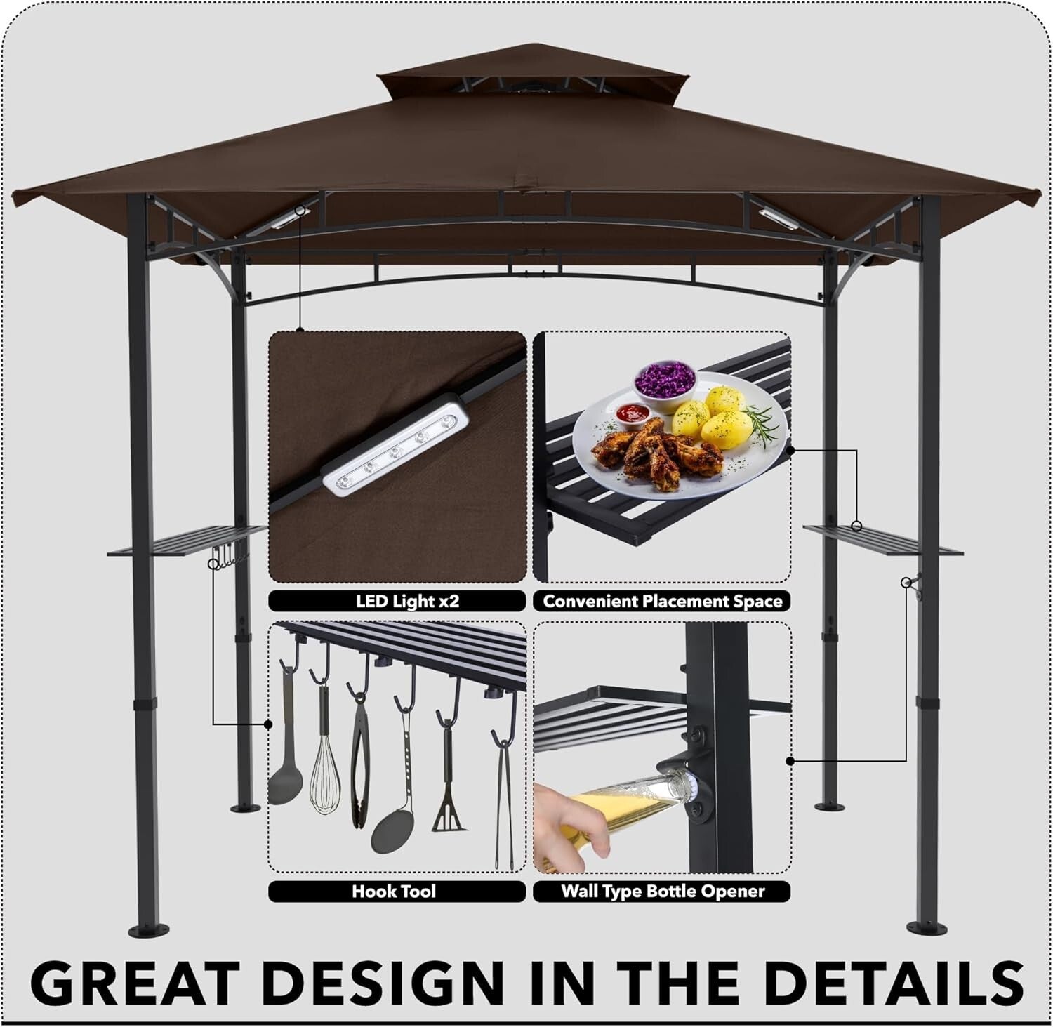 Elegant Brown 8 ft x 5 ft Grill Gazebo Canopy - Complete with LED Lighting