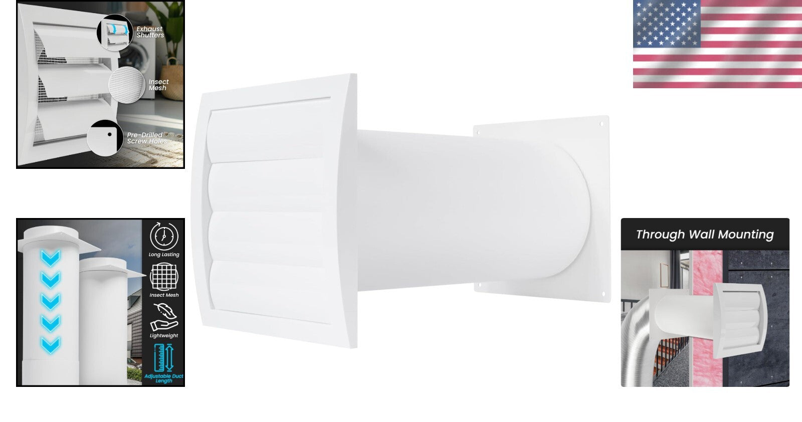 Louvered 5" Dryer Vent Cover Kit - Adjustable Length with Insect Protection