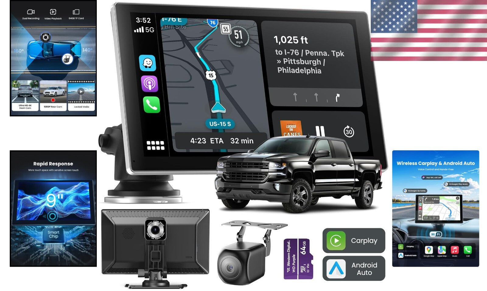 9-Inch Touchscreen Carplay Screen & Dash Cam - Seamless Smartphone Integration