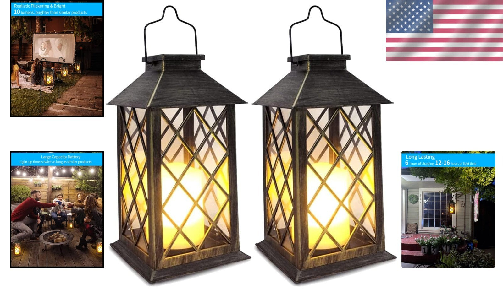 Durable Solar Lanterns with Auto On/Off – 2-Pack, 10 Lumen Flickering Light