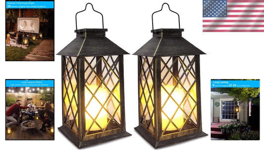 Durable Solar Lanterns with Auto On/Off – 2-Pack, 10 Lumen Flickering Light