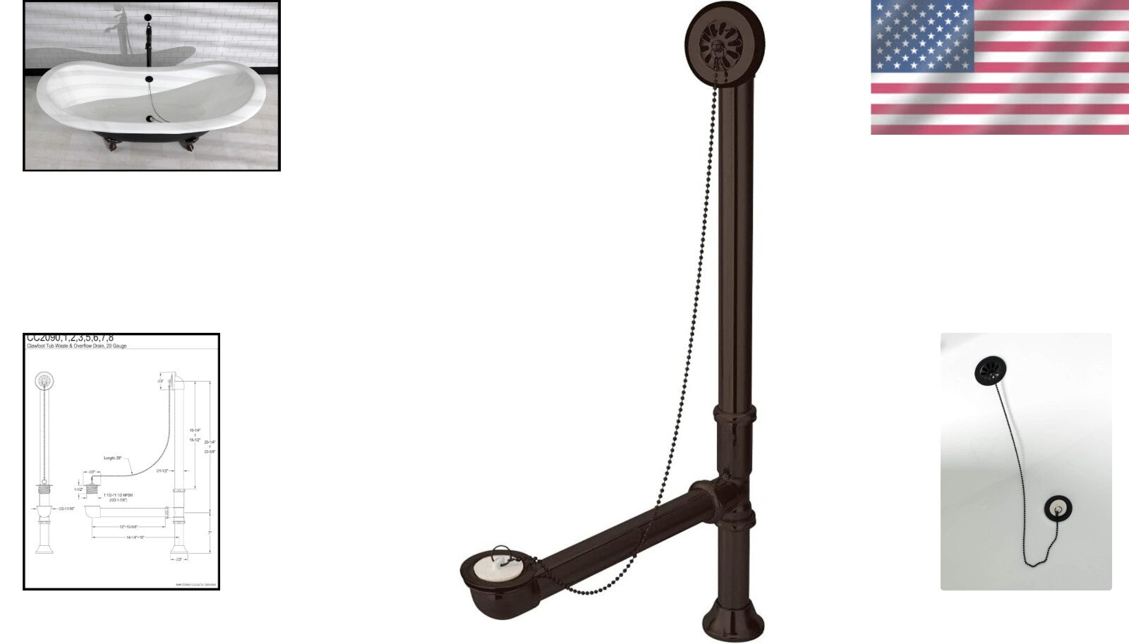 Durable 27" Oil Rubbed Bronze Bath Drain with Chain Plug for Clawfoot Tubs