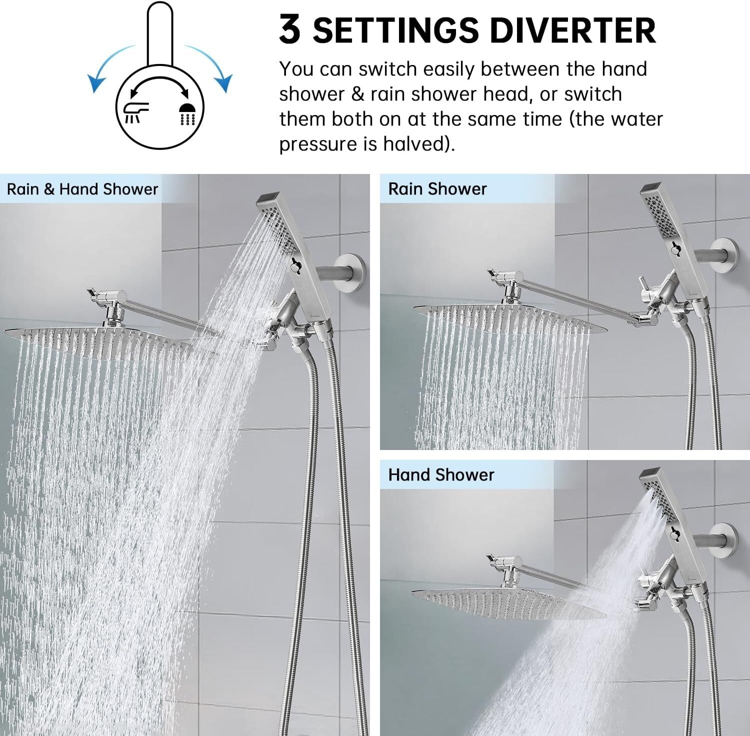 12-Inch Rainfall Shower Head with Handheld Wand & Extra Long Hose - Easy Install