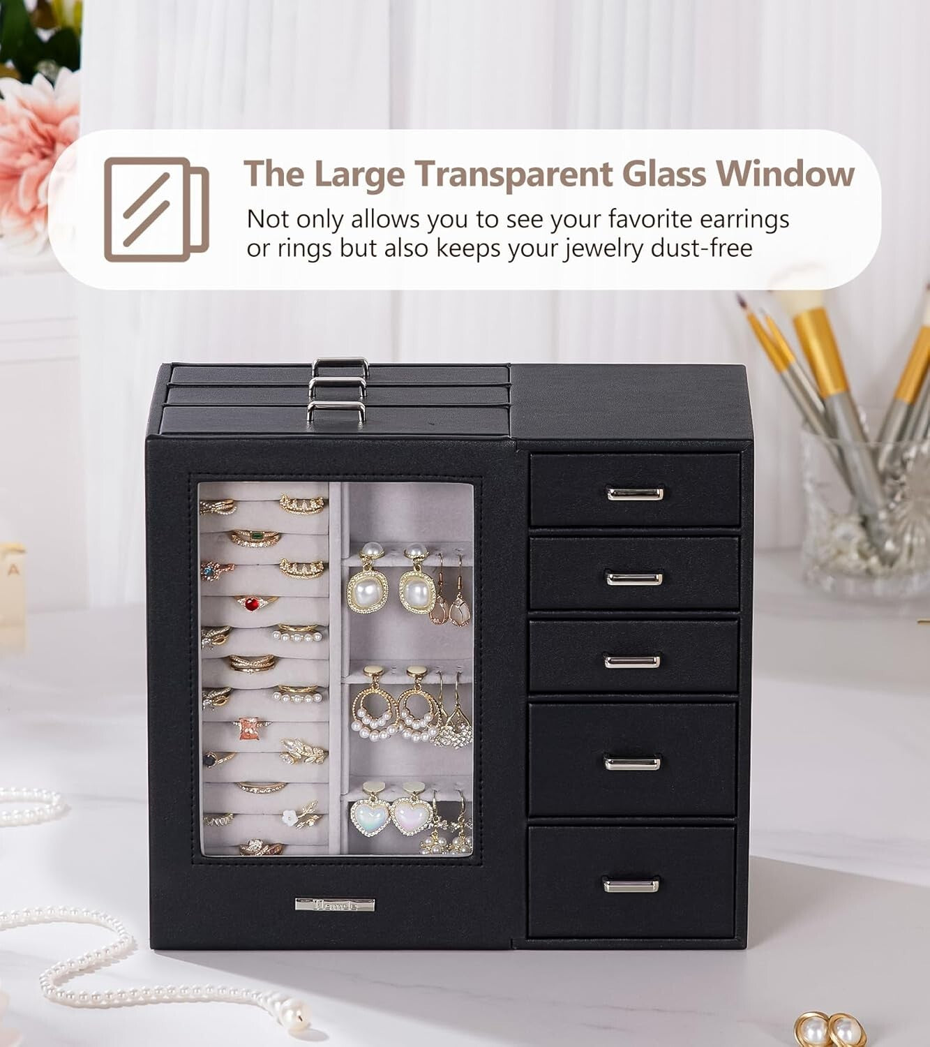 Elegant Large Jewelry Box Organizer with Glass Window & Velvet Lining - 5.4x10.8