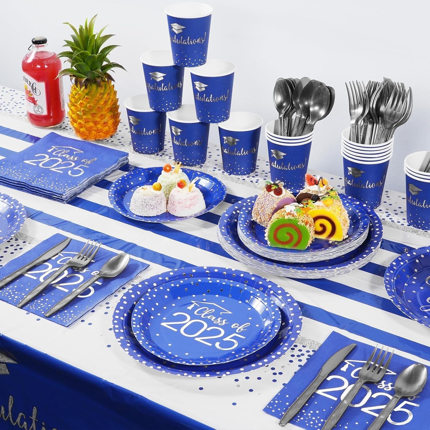 Elegant Blue & Silver Graduation Plate and Napkin Set for Class of 2025 Parties