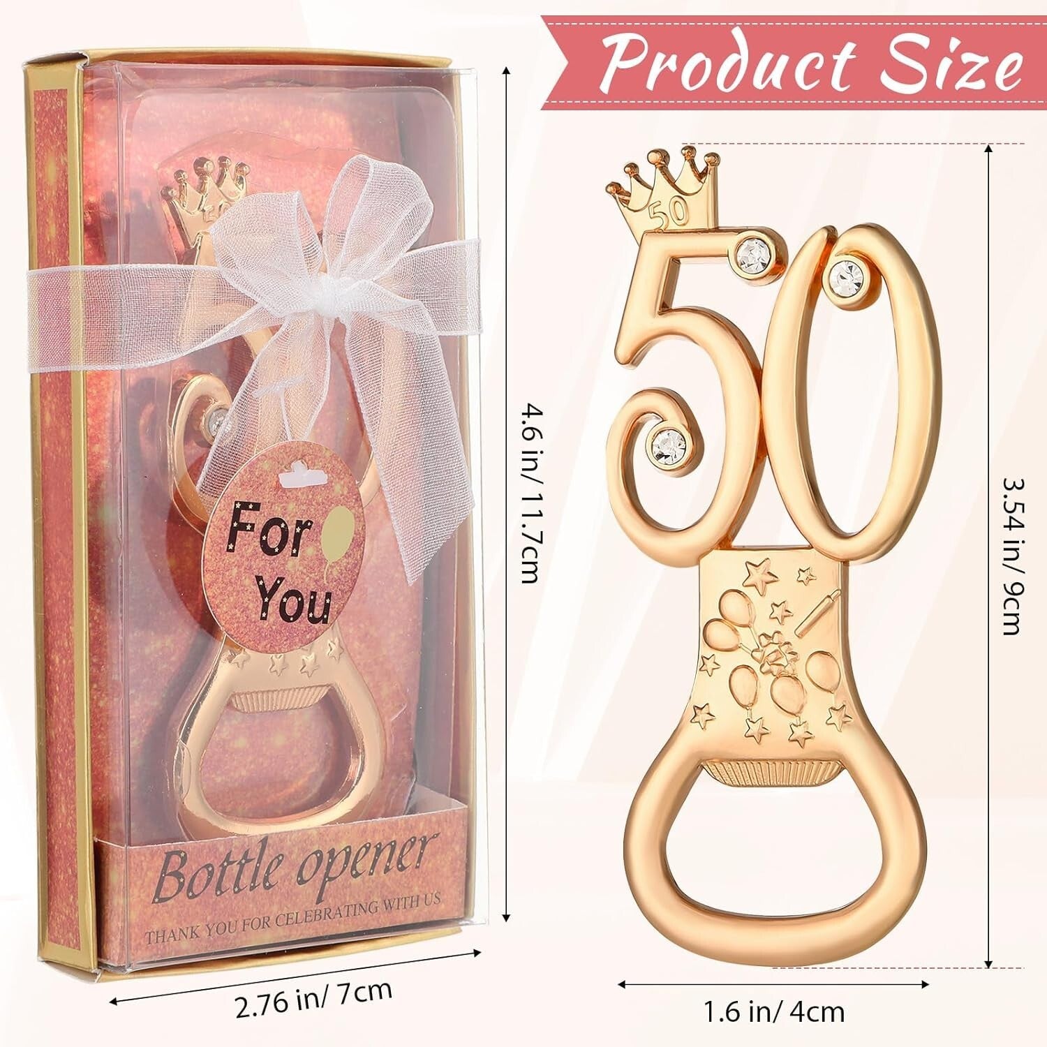 Elegant 50th Anniversary Bottle Openers - Rose Gold with Rhinestones, 50 Pcs Set