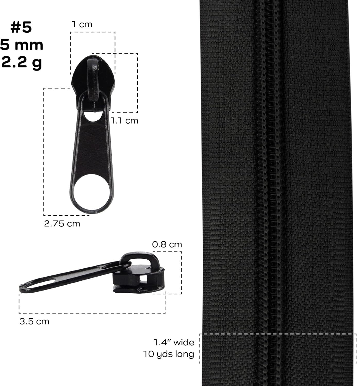 200 Yards Durable Black Nylon Zipper Tape with 200 Metal Pulls for DIY Projects