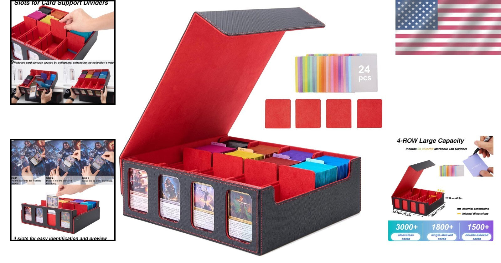 Versatile 3000+ Card Collection Box with Colorful Dividers & Play Mat Feature