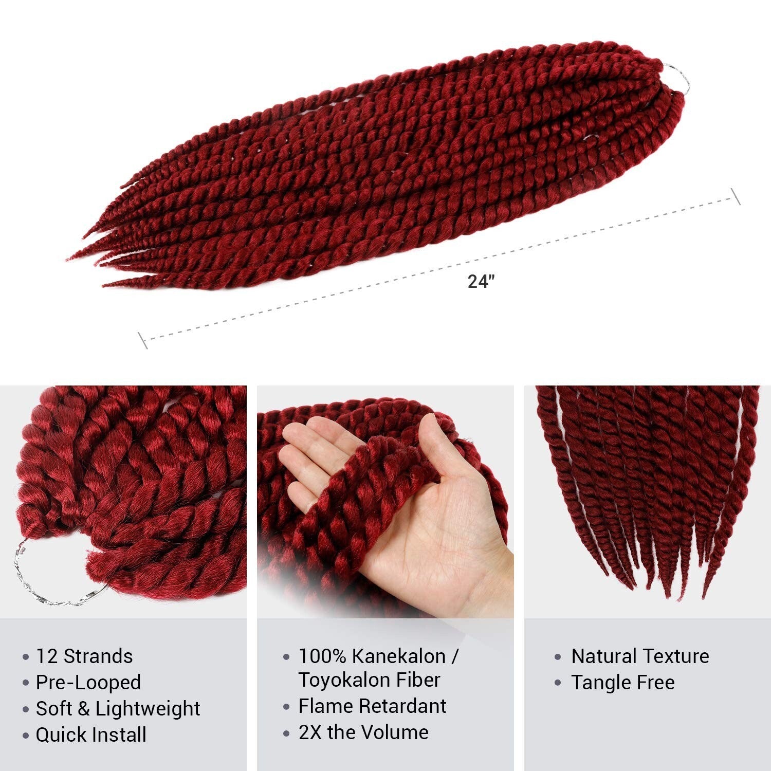 Tangle-Free Jumbo Senegalese Twist Braid Hair, 24 Inch Burgundy - 6 Pack Bundle