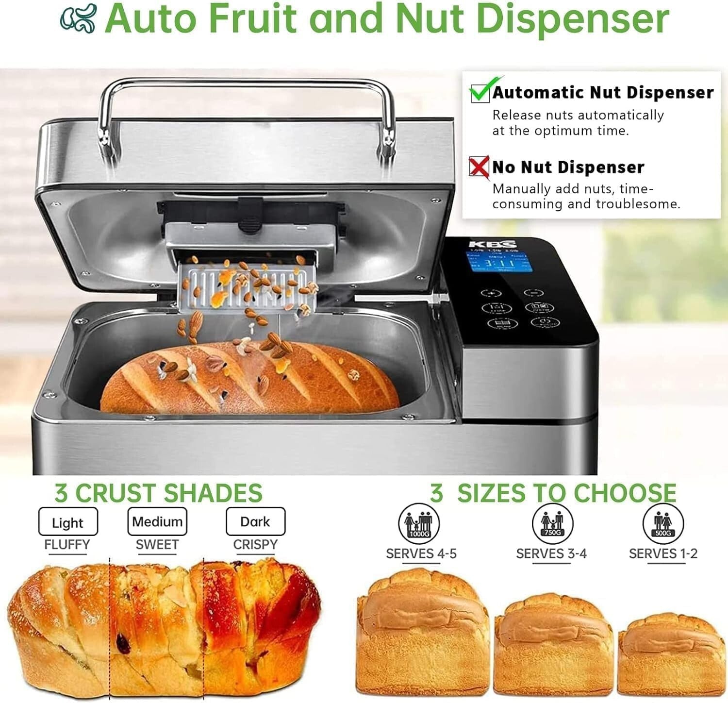Elegant Bread Machine with 17 Programs - 2LB Capacity & Automatic Nut Dispenser