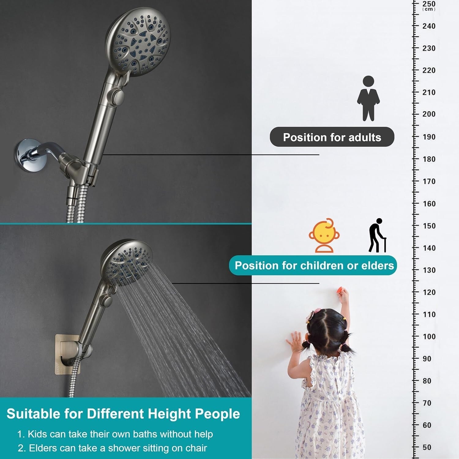 Durable Handheld Shower Head Set for Kids & Elderly - 8 Modes & Adhesive Mount