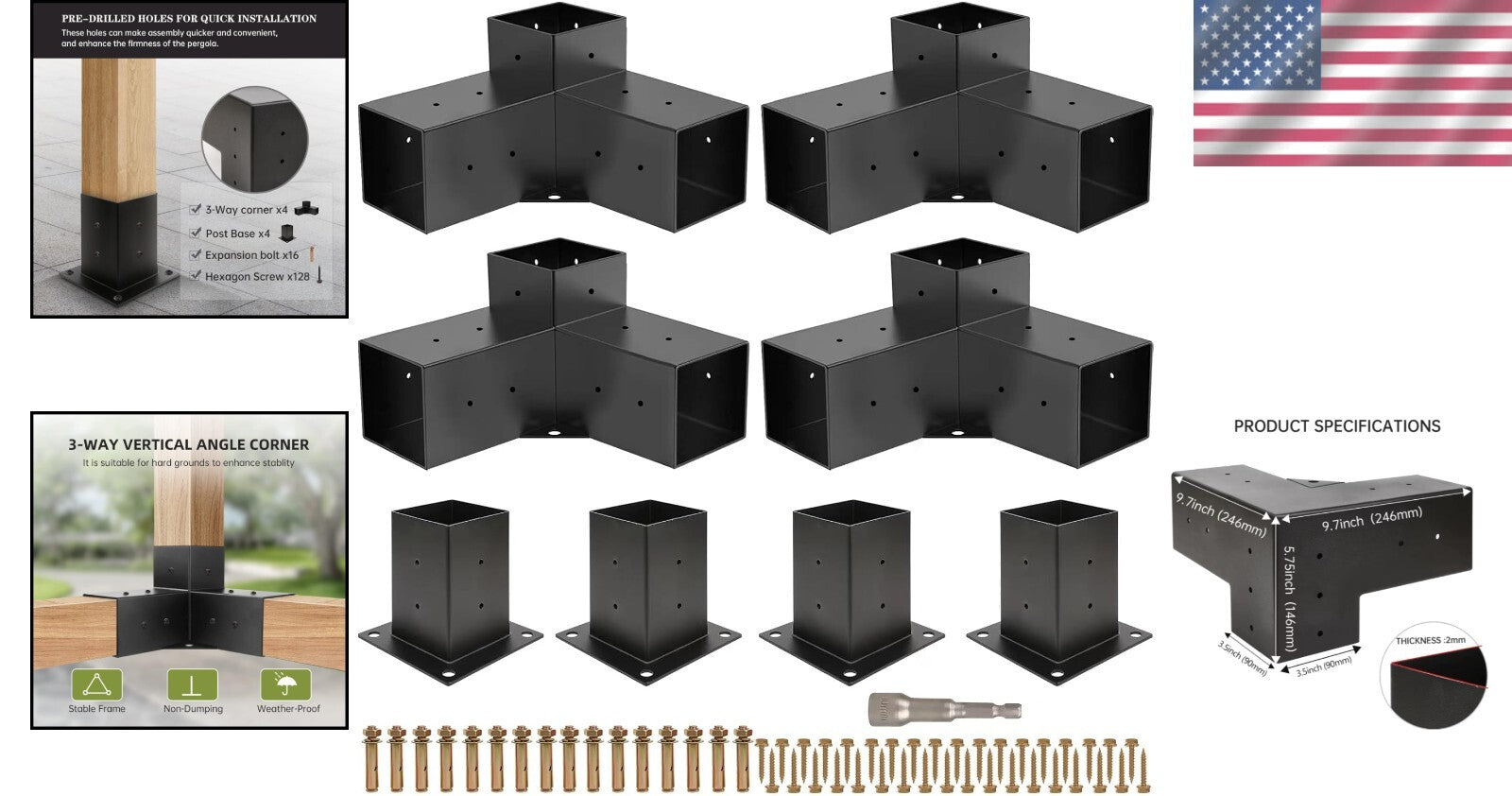 Heavy-Duty 3-Way Right Angle Corner Brackets for Elegant Gazebo Construction