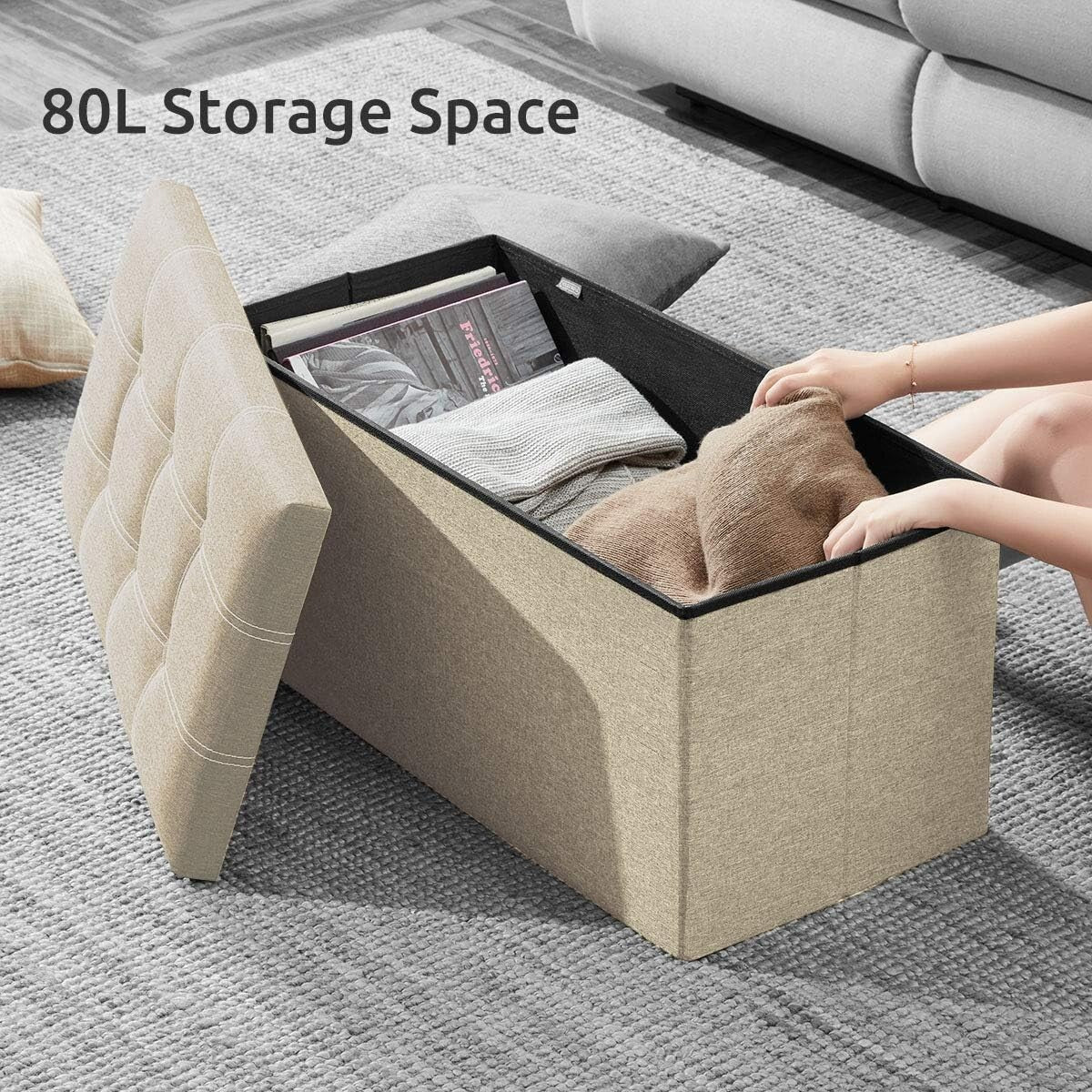 Elegant 30-Inch Linen Ottoman with Storage - Ideal for Living Room or Bedroom