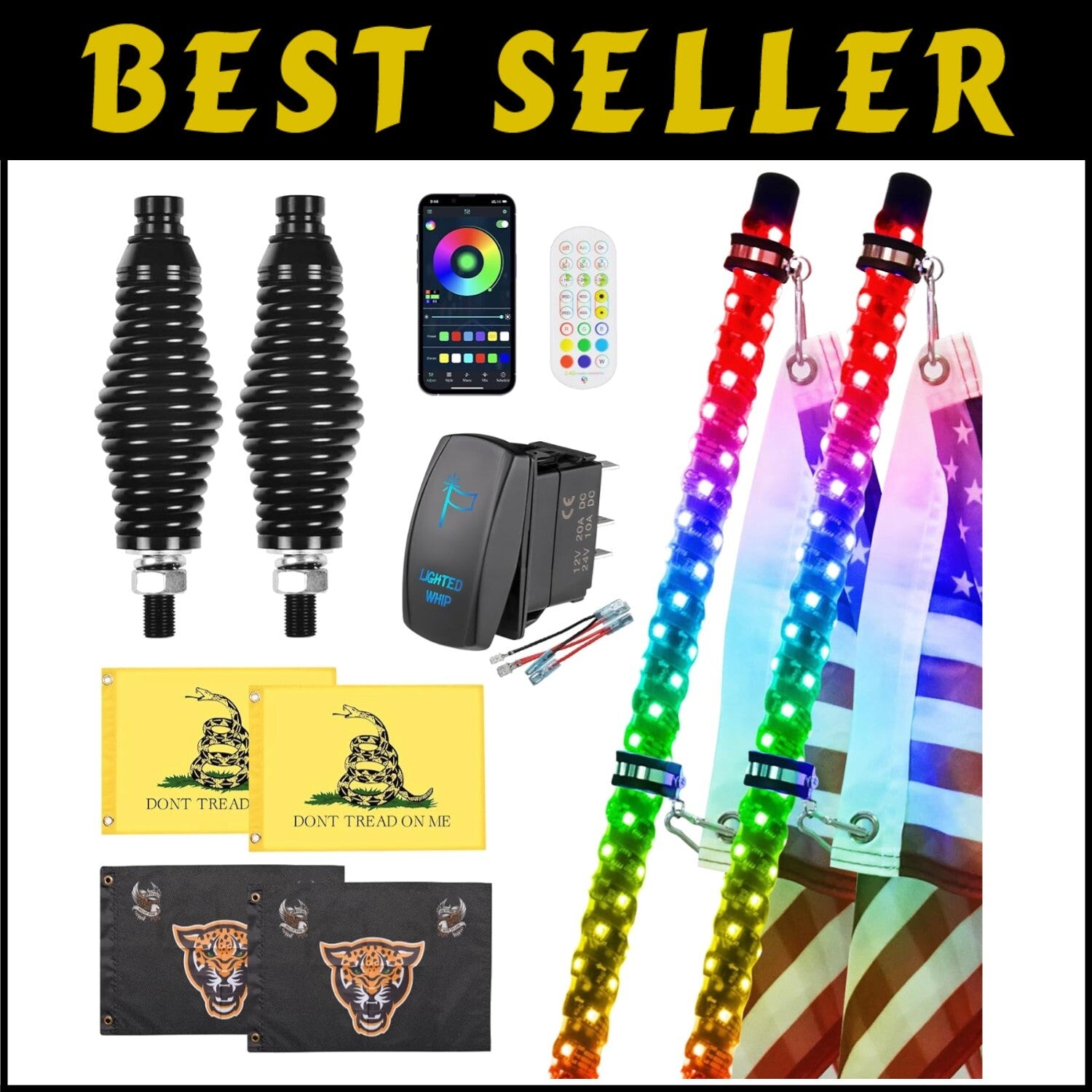 4FT Spiral RGB LED Whip Lights - App & Remote Control, Perfect for ATV/RZR
