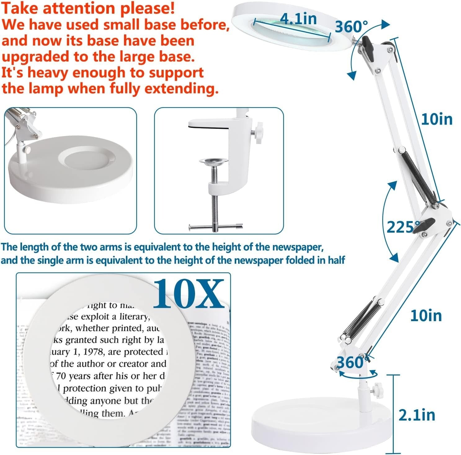 Adjustable 10X Magnifying Glass Lamp with LED - 1800 Lumens, Heavy-Duty Clamp