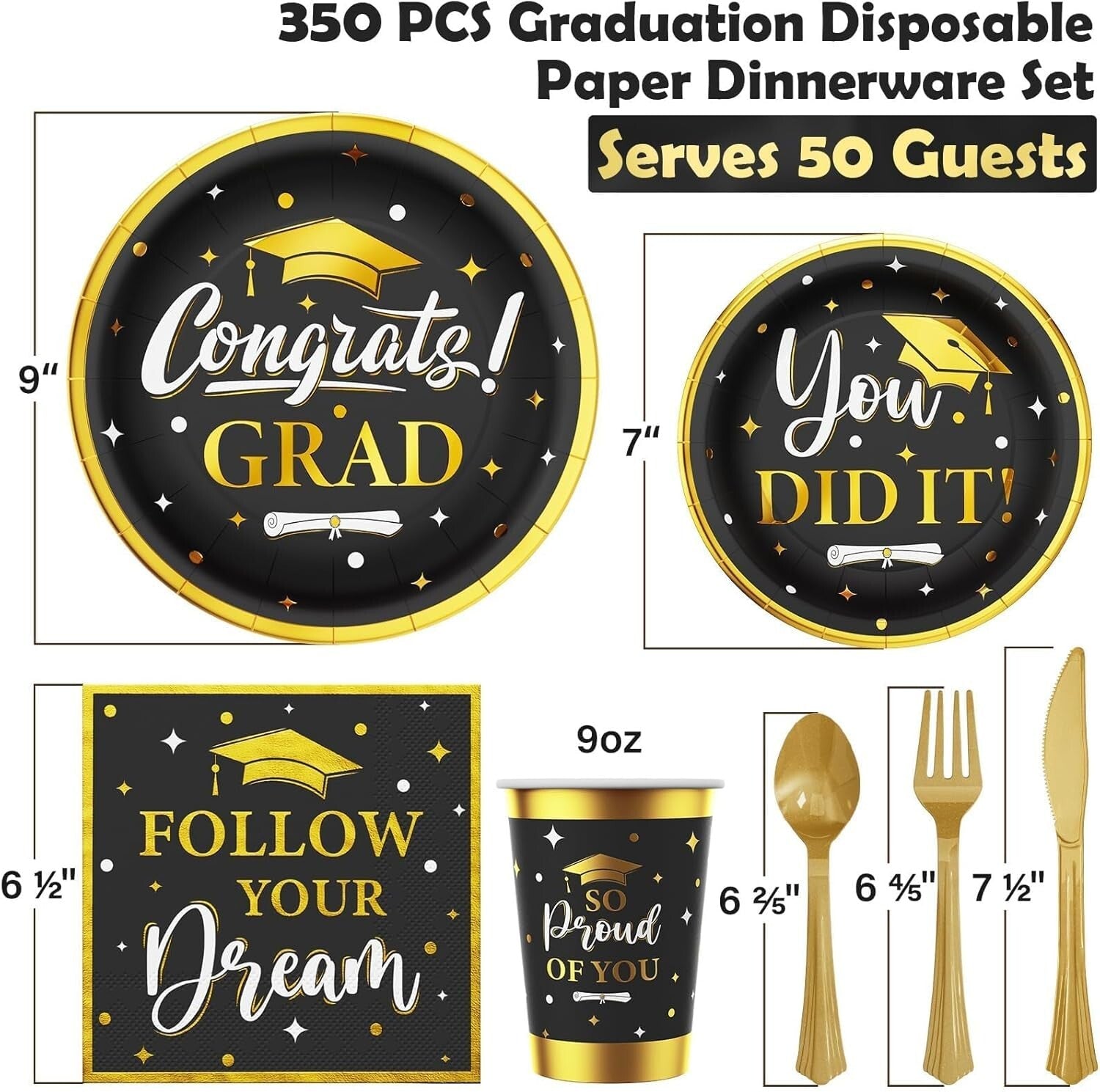 Elegant Black & Gold Graduation Party Dinnerware - 350PCS Serves 50 Perfectly