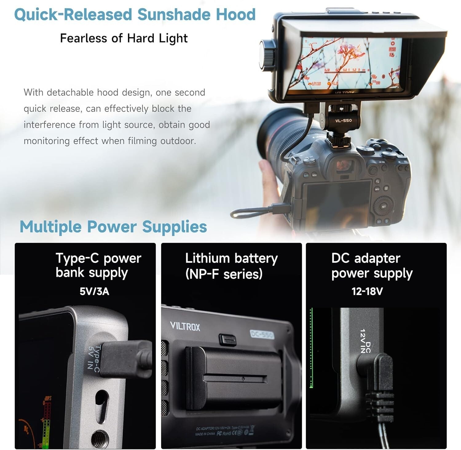 Compact 1200 Nits Camera Monitor with Sunshade & Multiple Power Supply Options