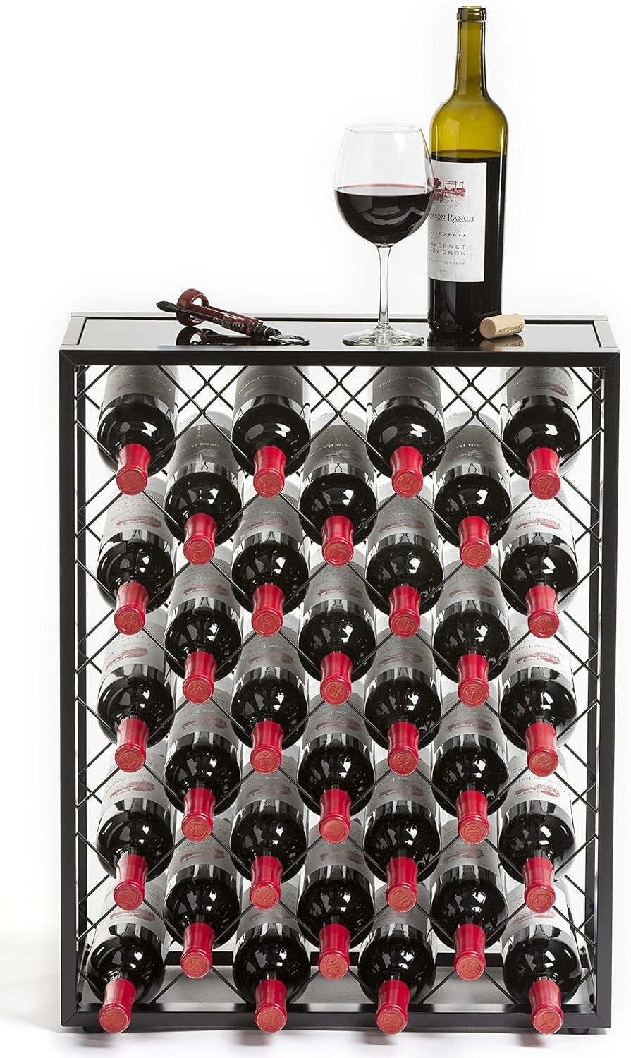Modern Free-Standing Wine Rack with Tempered Glass Top - Holds 32 Bottles