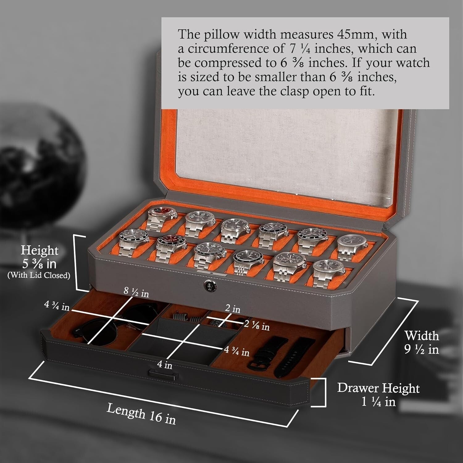 12 Slot Luxury Leather Watch Box with Valet Drawer - Elegant Storage Organizer