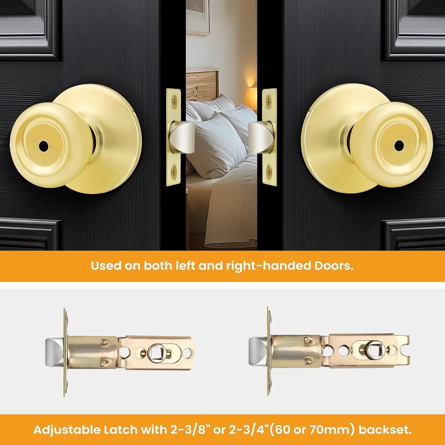 Elegant 3 Pack Keyless Privacy Door Knobs in Polished Brass - Easy Installation