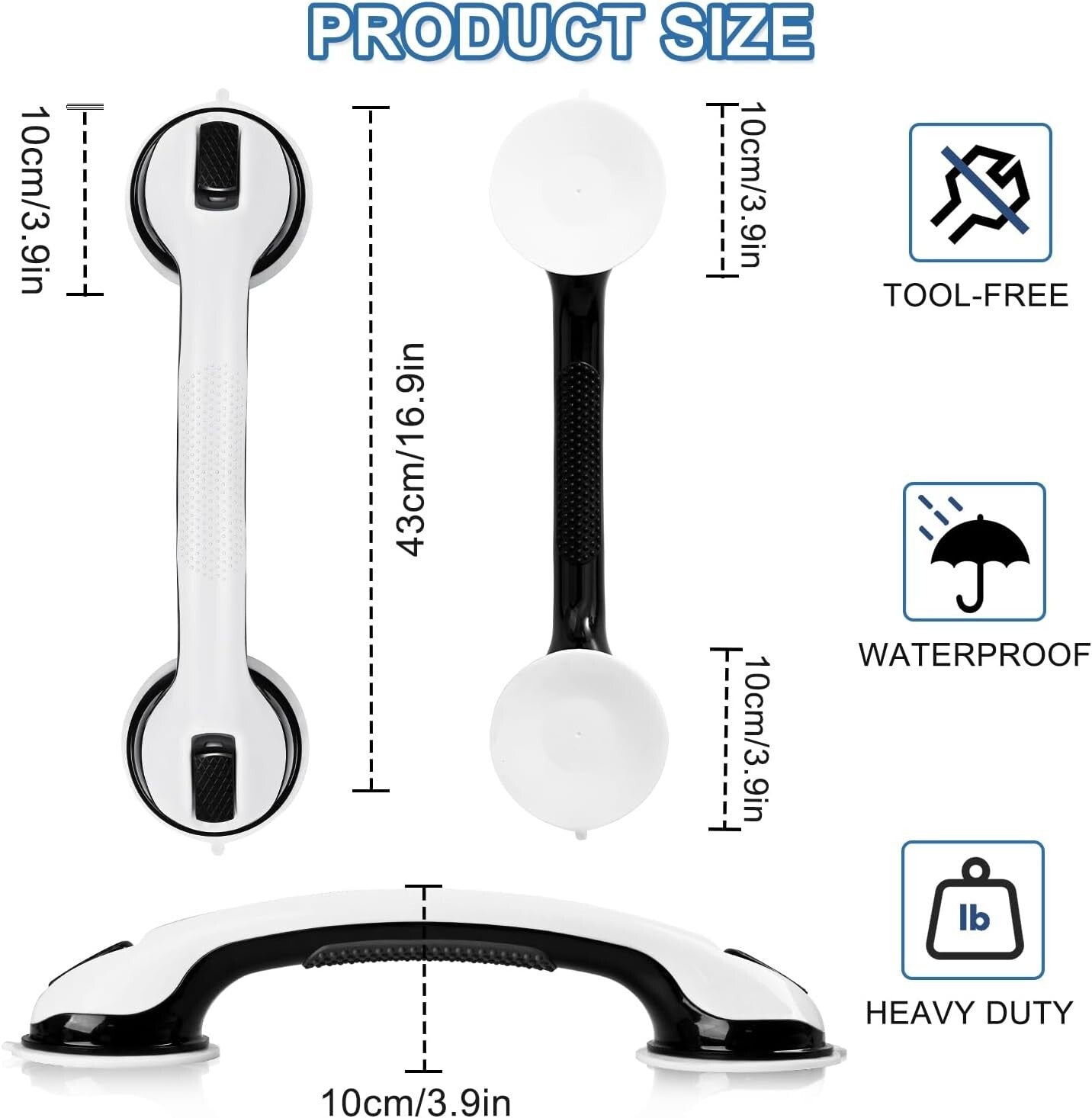 Compact Suction Grab Bars for Bath & Shower - 16" Safety Handles for Senior Care