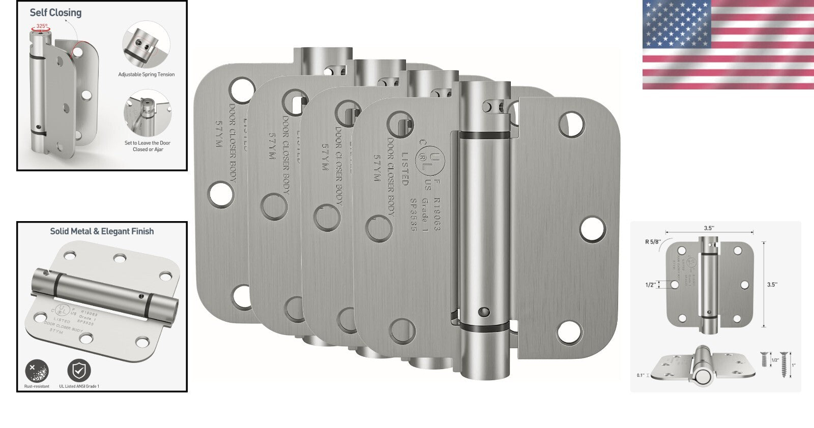 Durable Self Closing Spring Hinge, 3.5'' - Supports Doors Up to 80 lbs, 4 Pack