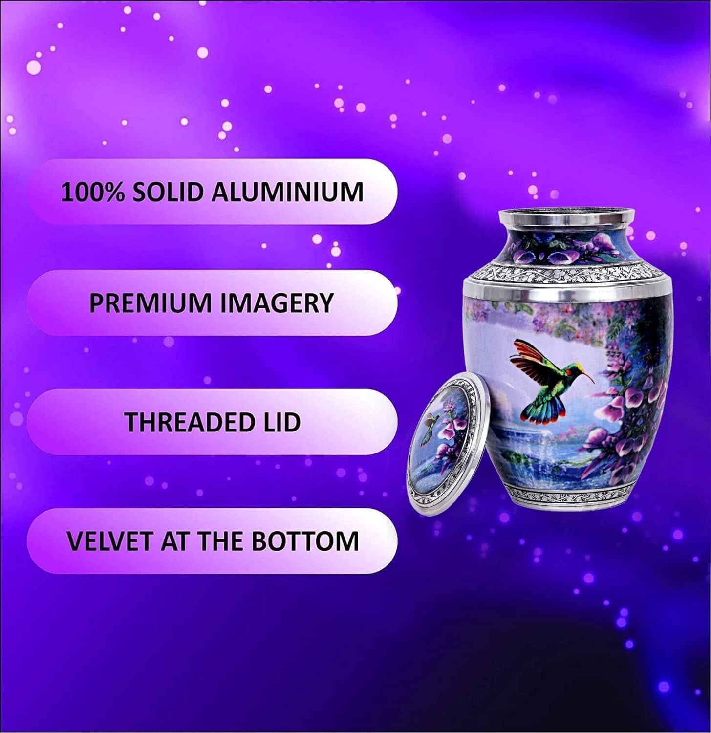 Polished Aluminium Hummingbird Urn for Ashes - 200 lbs Capacity, Hinged Design