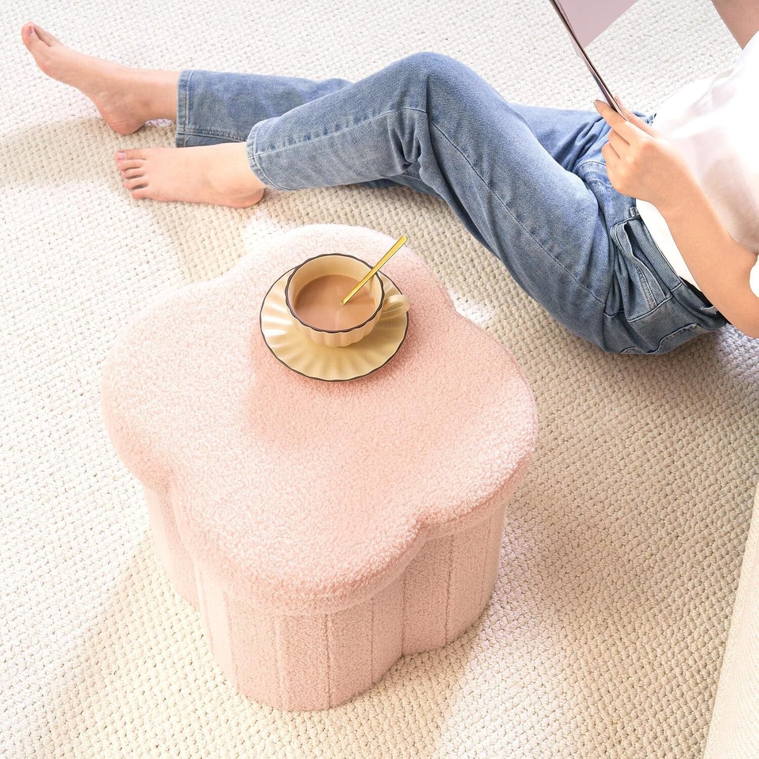 Elegant Boucle Footrest with Hidden Storage - 15" Flower-Shaped Cube Ottoman