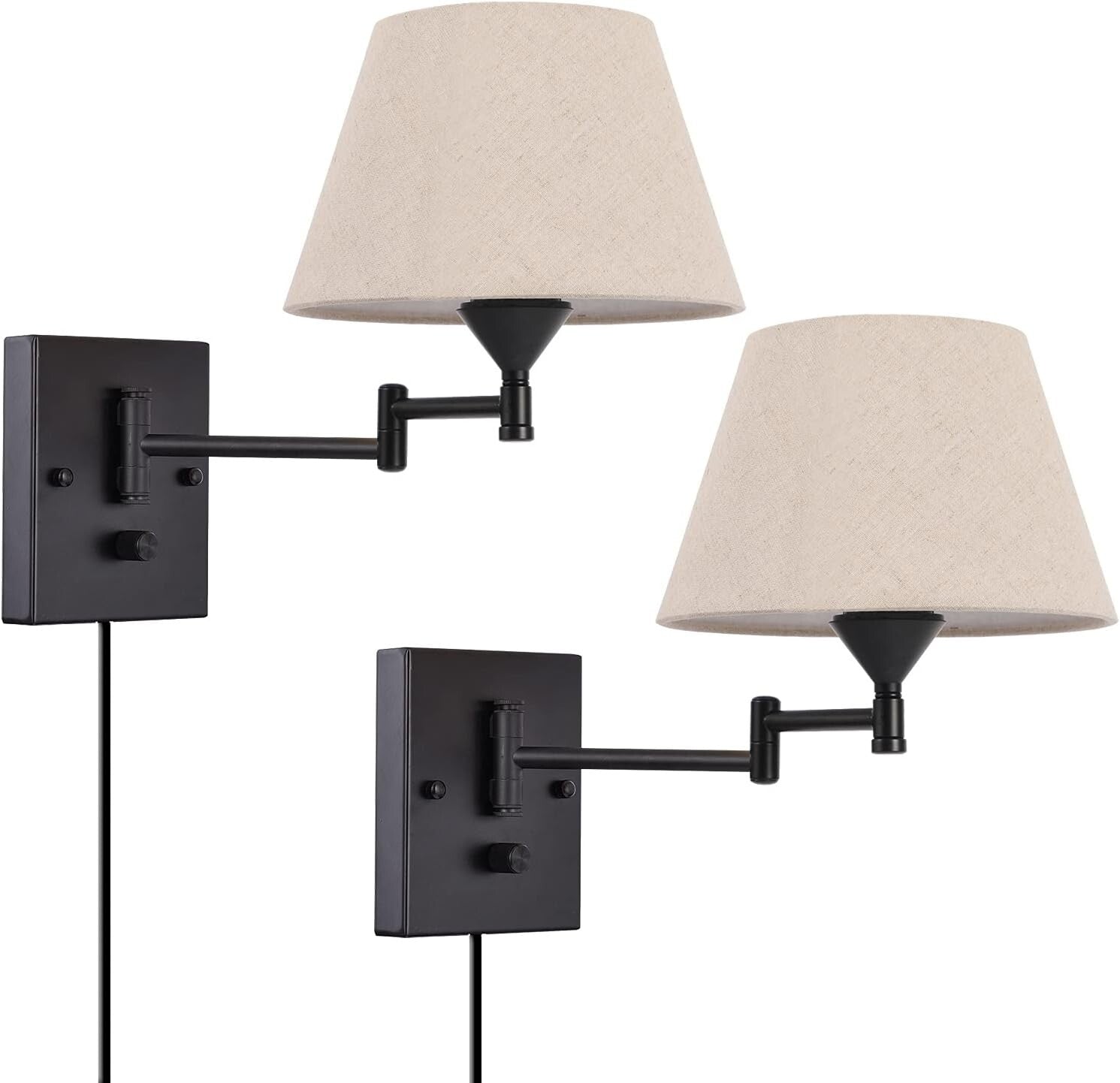 Elegant Plug-In Wall Sconce Set of 2 with Adjustable Swing Arm & Fabric Shade