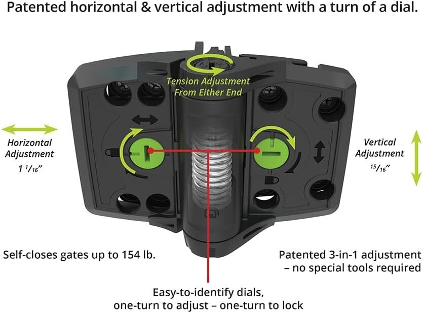 Durable Self-Closing Hinge Pair for Gates Up to 154 lbs with Easy Adjustability