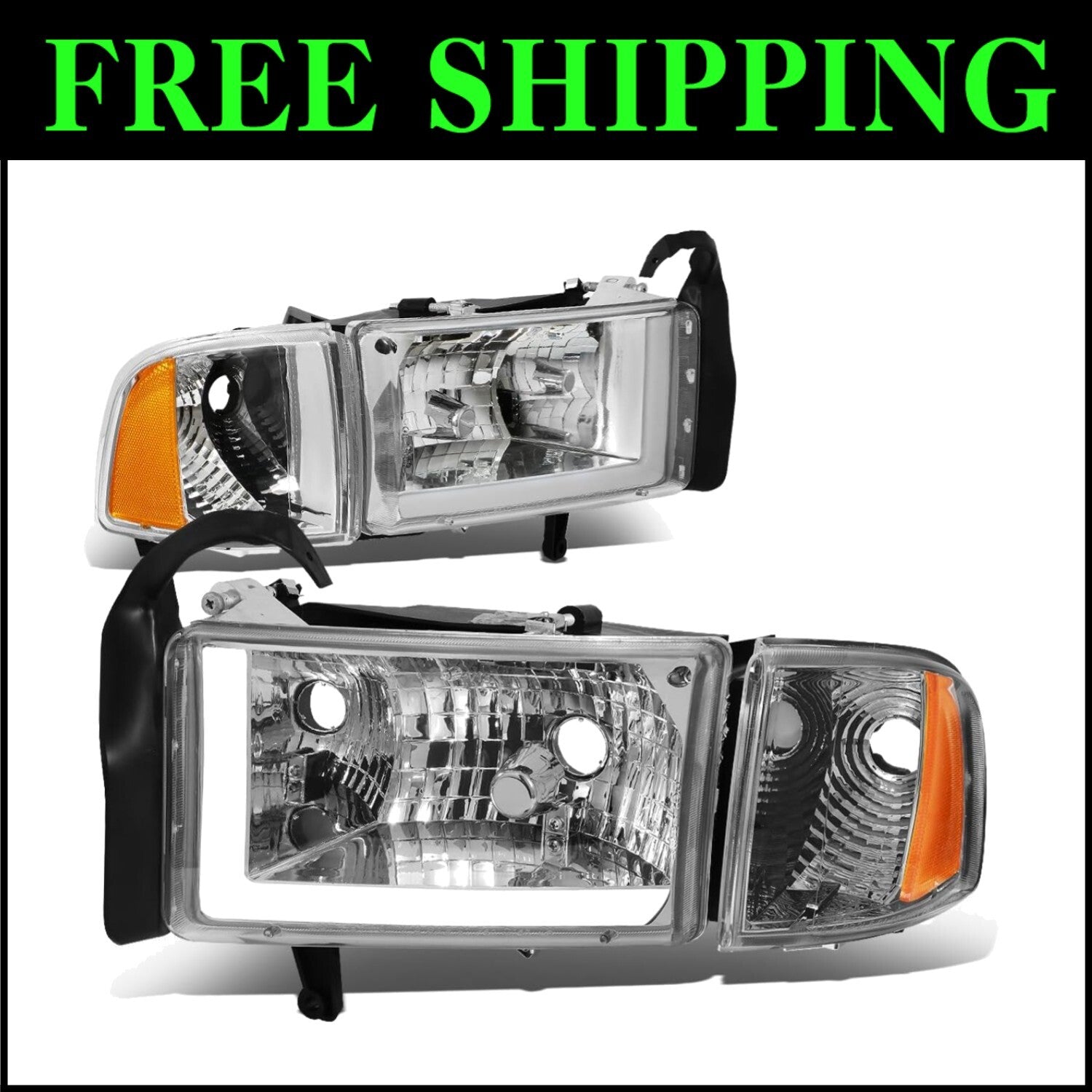Clear Lens Chrome Amber LED Headlights - Perfect for 94-01 Ram 1500 & 2500