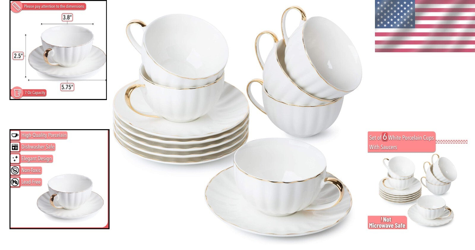 Luxurious 7 oz White Tea Cups and Saucers Set with Golden Trim - Gift Ready!