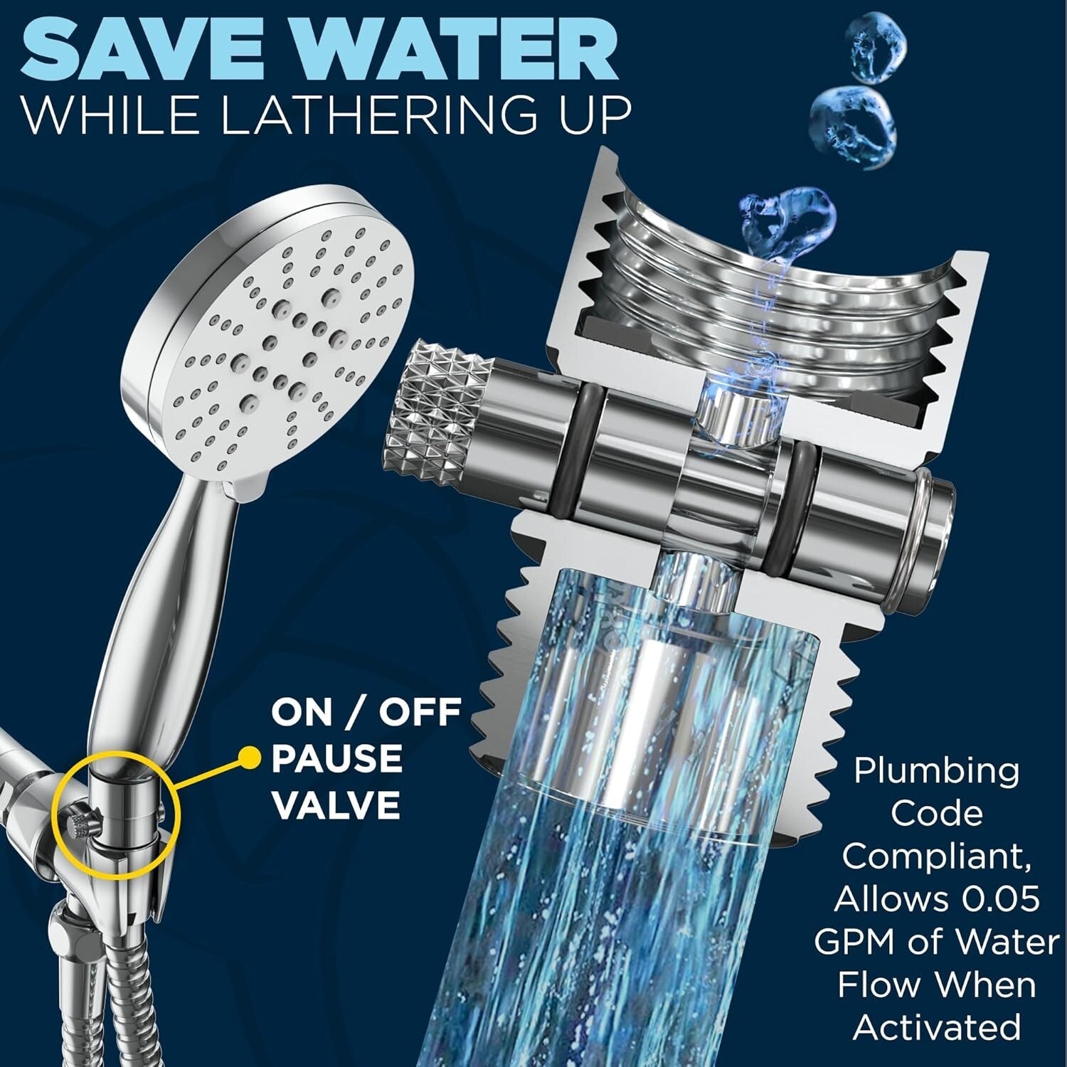 Extra Long 108-Inch Hose Handheld Shower Head - 3 Settings with Shutoff Valve