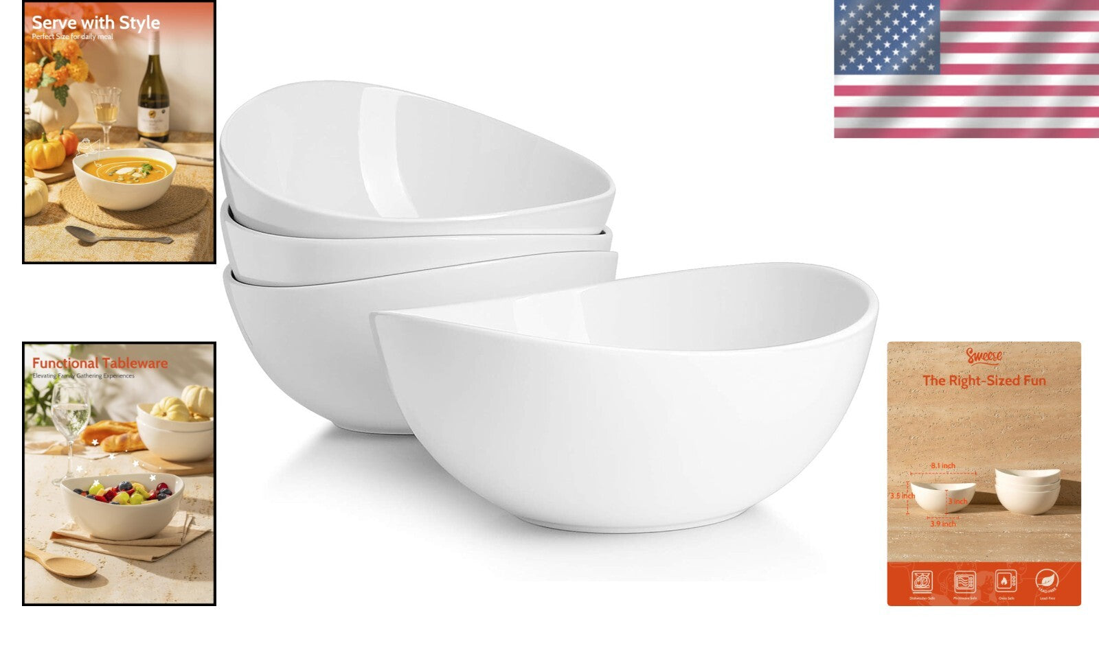 Elegant 8-Inch Porcelain Serving Bowls Set - Perfect for Salad, Soup, and Snacks