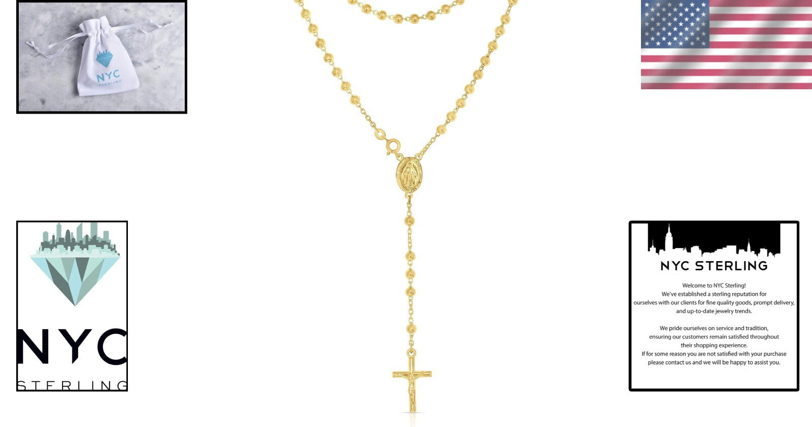 Lightweight Unisex Sterling Silver Rosary Charm Necklace - Gold Plated Finish