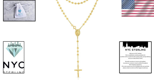 Lightweight Unisex Sterling Silver Rosary Charm Necklace - Gold Plated Finish