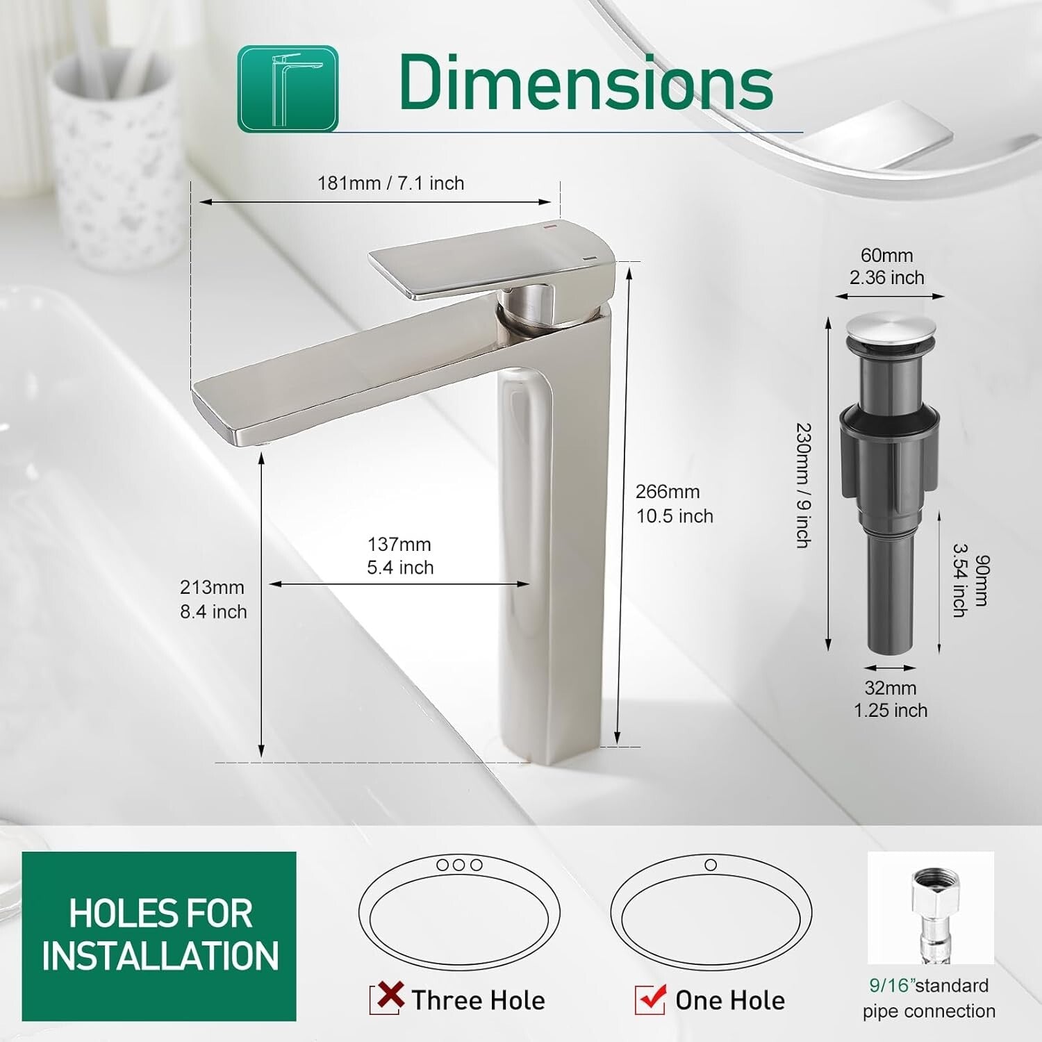 Tall Single Handle Brass Bathroom Faucet with Pop-Up Drain – Modern & Efficient