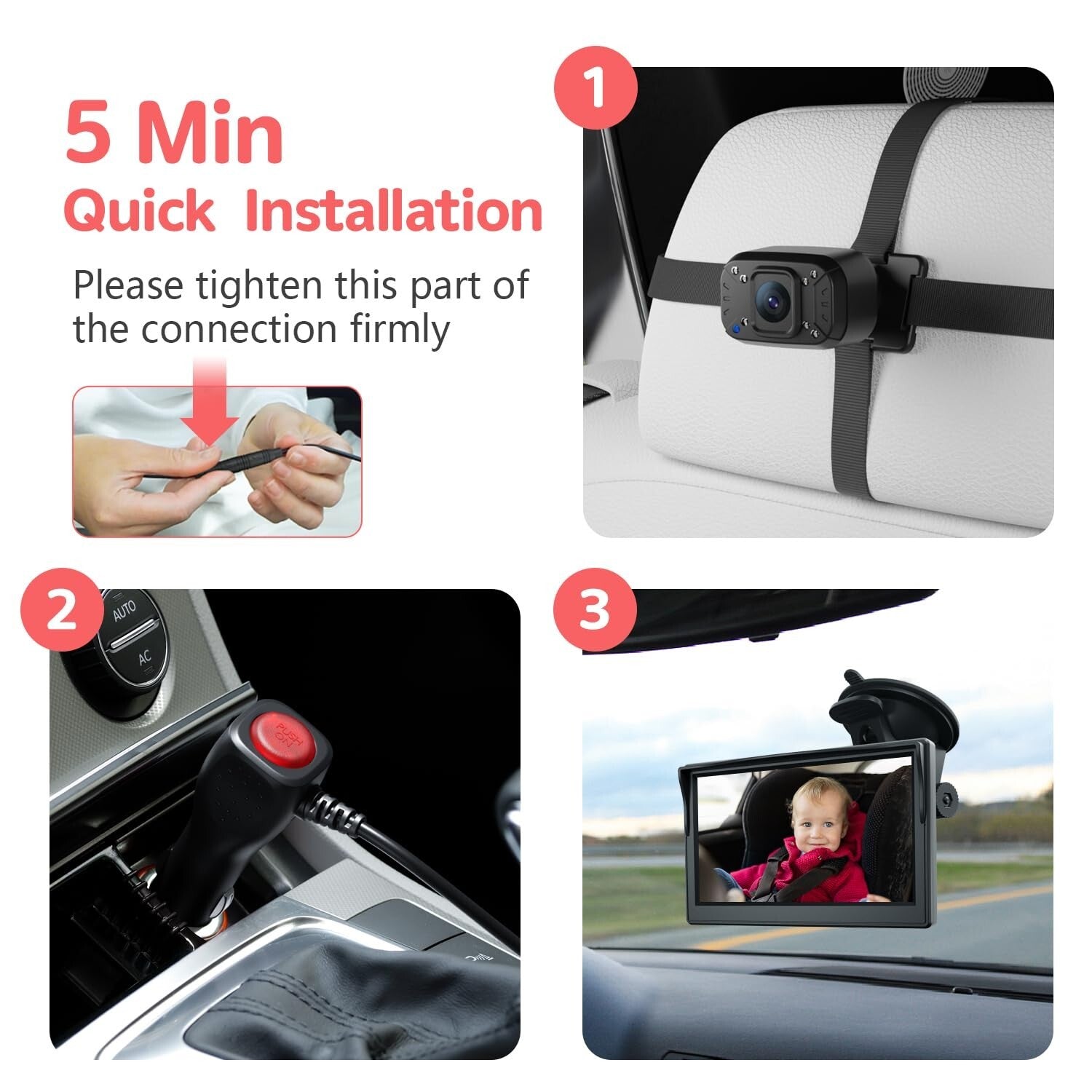Easy-Install Baby Car Camera with 1080p Display & Night Vision for Road Safety