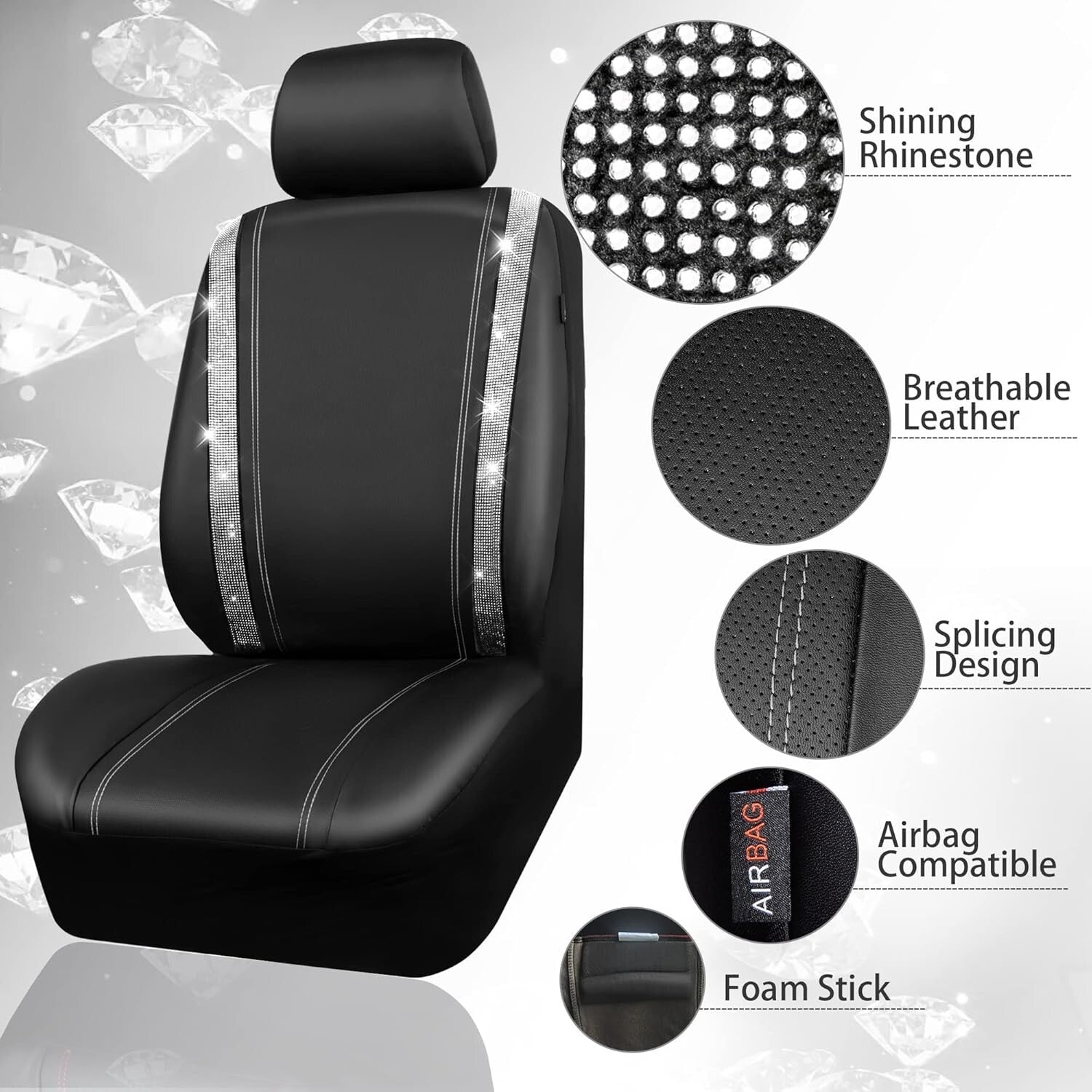 Gorgeous Leather Diamond Seat Covers & Sparkly Steering Wheel Set for Women