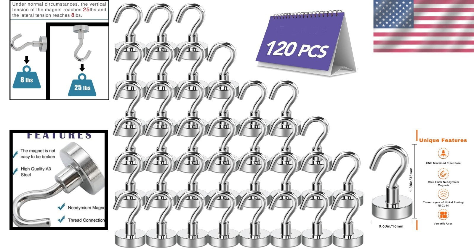 30LB Heavy-Duty Neodymium Magnetic Hooks - 120 Pack for Ultimate Organization